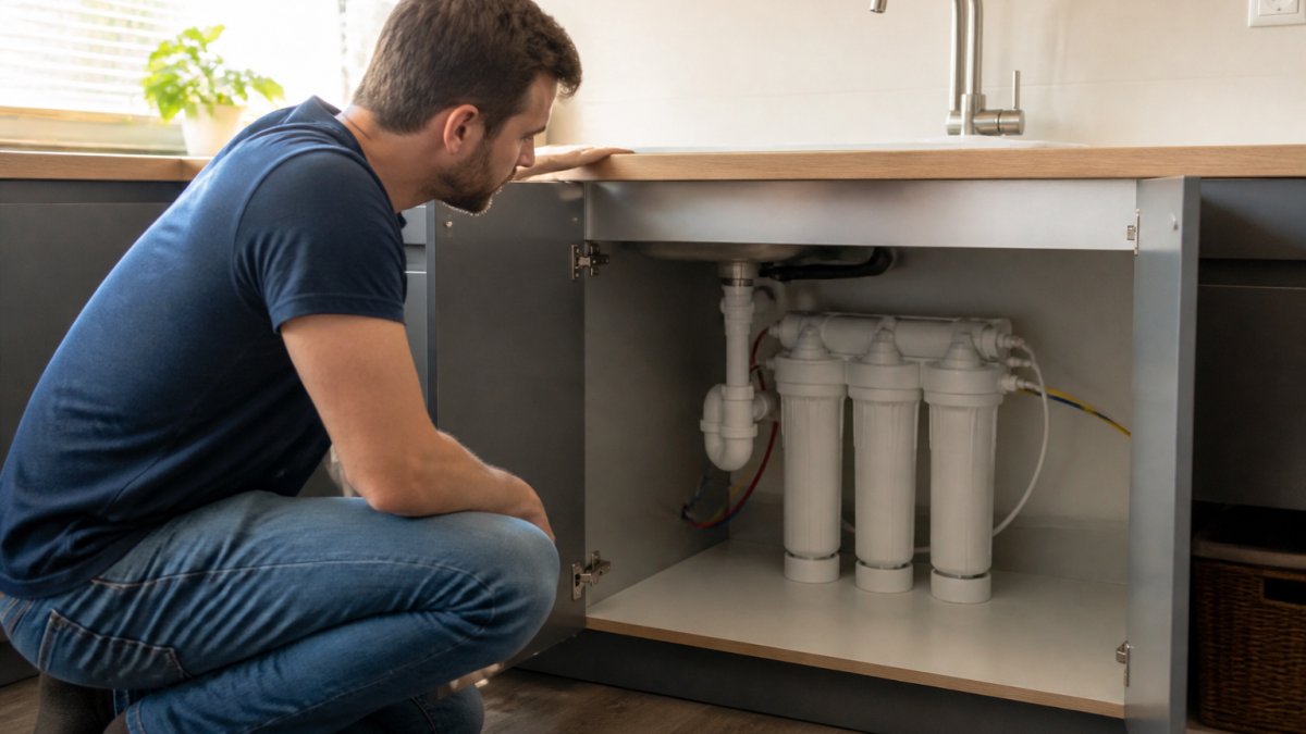 A homeowner kneeling in front of an open kitchen cabinet, inspecting a neatly installed three-stage under-sink water filter system with a chrome tap above, warm afternoon light from a nearby window