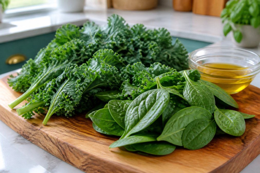 A close-up of a fresh bunch of kale and spinach leaves on a wooden cutting board, with a small bowl of olive oil nearby, in a bright kitchen setting