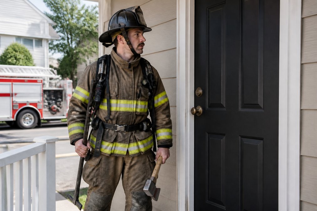 A firefighter in full turnout gear holding a Halligan bar and flathead axe, standing in front of a residential door, with a fire truck blurred in the background