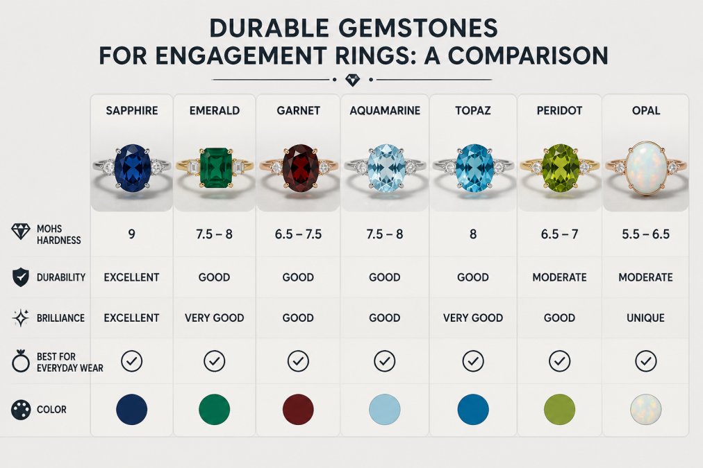 Close-up of seven different colored gemstone rings displayed on a neutral surface, showing sapphire, emerald, garnet, aquamarine, topaz, peridot, and opal side-by-side in natural light