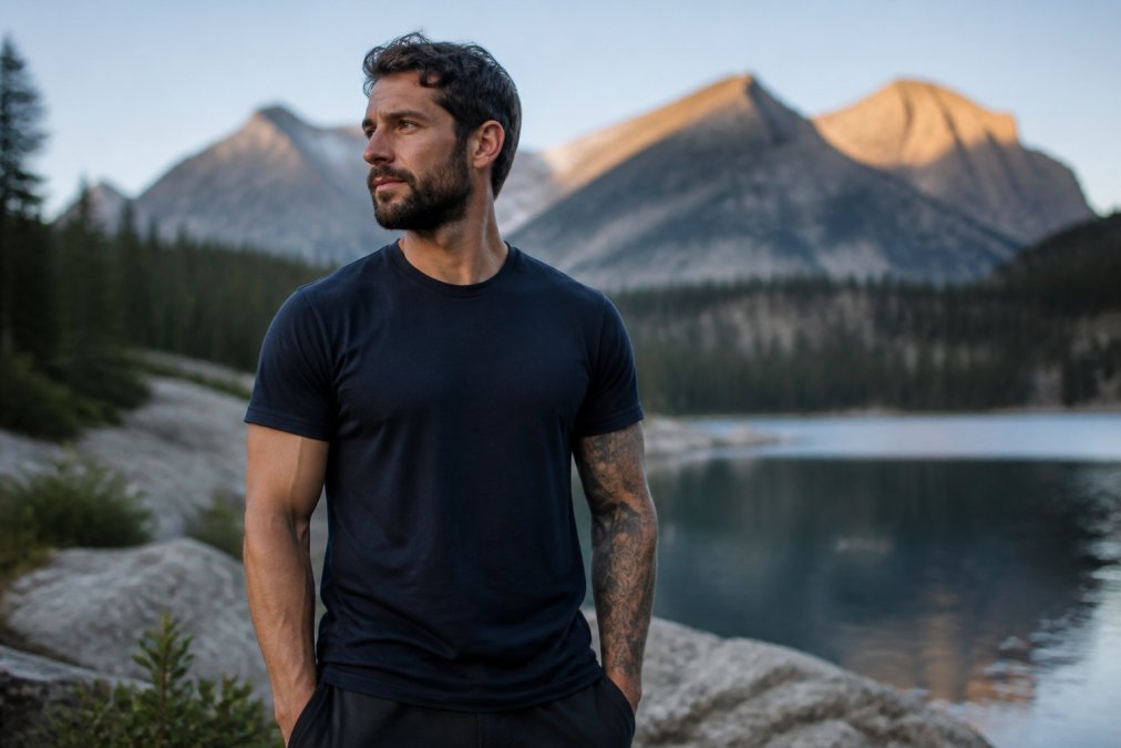 Man wearing Built Stronger tee standing confidently outdoors in natural light, hands relaxed at sides, calm expression reflecting strength and resilience