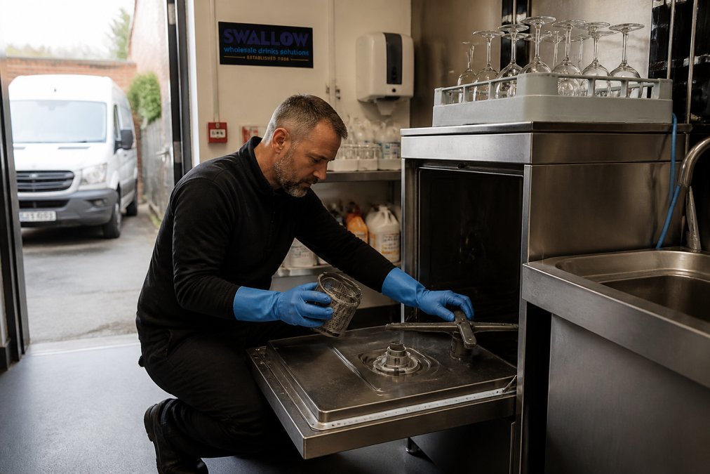 Bar manager cleaning the drain filter of a commercial glasswasher in a busy pub kitchen