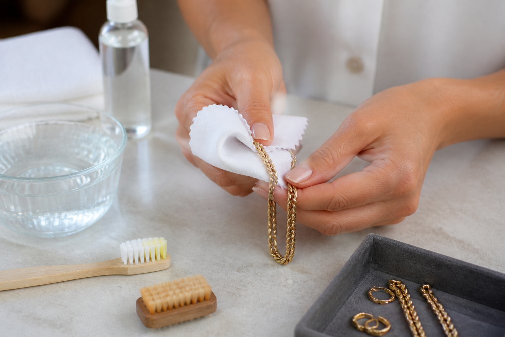 Close-up of hands gently cleaning a gold plated chain with a soft cloth and jewelry care solution, demonstrating proper maintenance technique