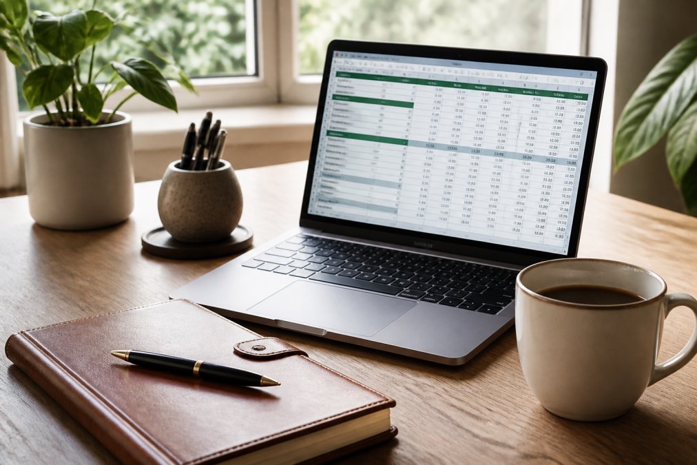 A clean, modern desk setup with a laptop displaying a detailed budget spreadsheet, a leather notebook, and a ceramic coffee cup in warm natural window light
