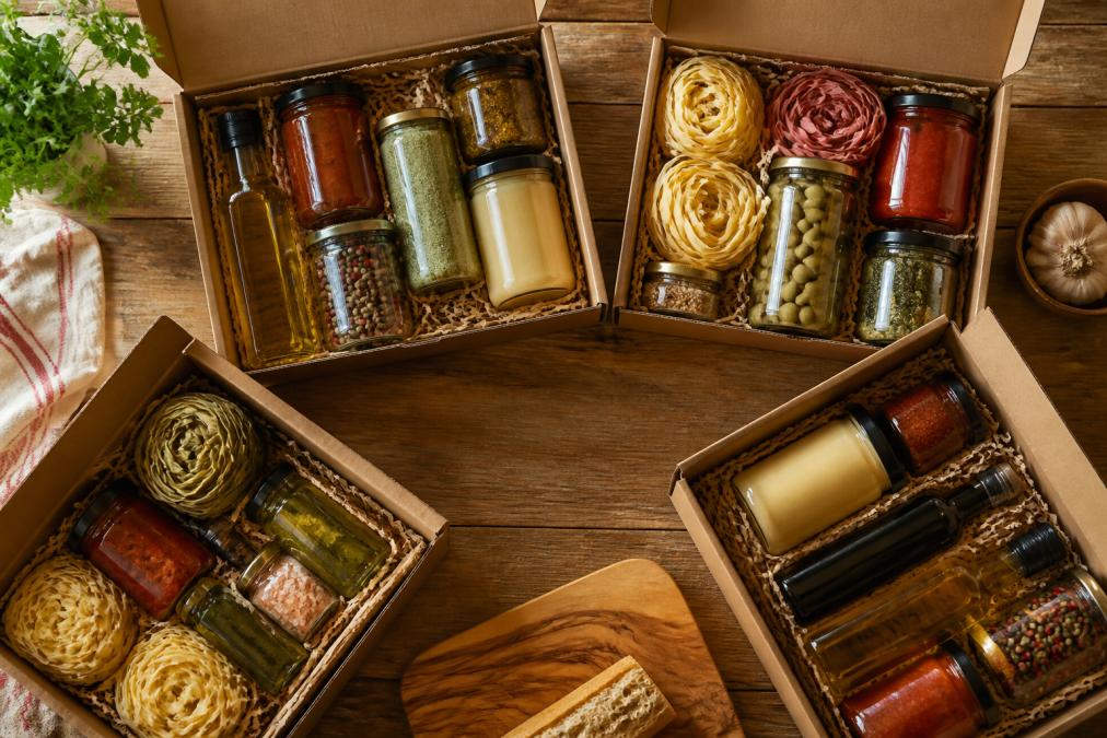 An overhead shot of several open artisan food boxes on a wooden kitchen table, displaying jars of sauce, pasta, olive oil, and spices with a warm, inviting light