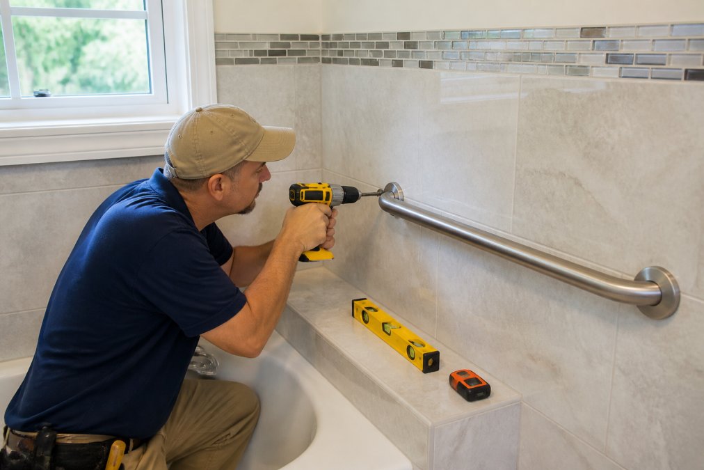 Contractor installing stainless steel grab bars into a tiled bathroom wall in Old Bridge, New Jersey
