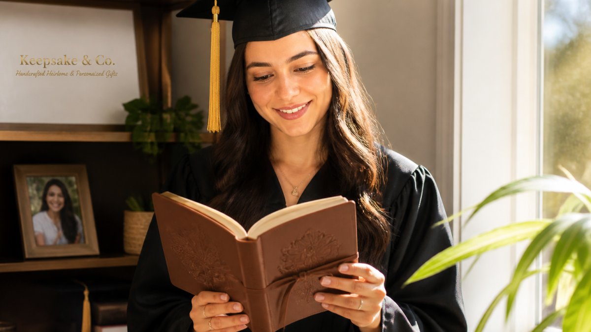 Young woman in graduation cap and gown holding an open leather journal with professionally printed design, smiling as natural sunlight illuminates the pages