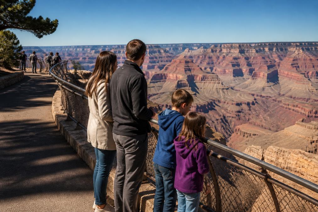 A family with two young children standing at a railing at Mather Point on the South Rim, looking out over the wide Grand Canyon panorama on a clear morning, with a paved walkway and other visitors visible in the background