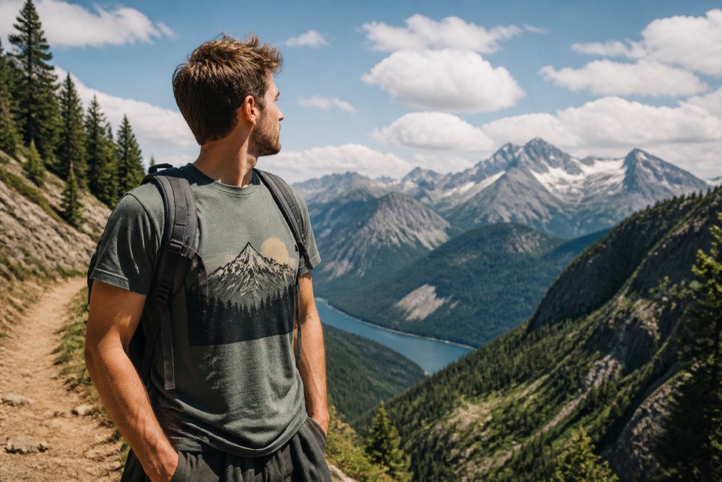 A happy hiker wearing a graphic t-shirt with a mountain design, standing on a scenic trail with a backpack, looking at a panoramic mountain view