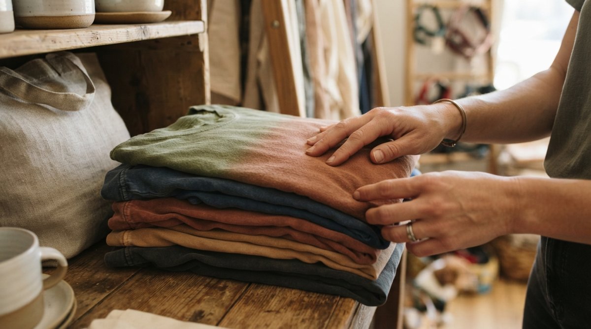 Close-up of hands feeling the soft, textured fabric of a folded stack of garment-dyed cotton t-shirts in muted earth tones, warm natural lighting