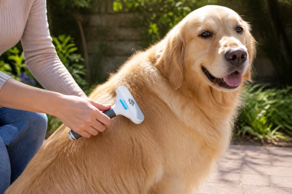 Dog owner using a slicker brush on a golden retriever's coat in natural sunlight, showing proper brushing technique with the dog's relaxed posture