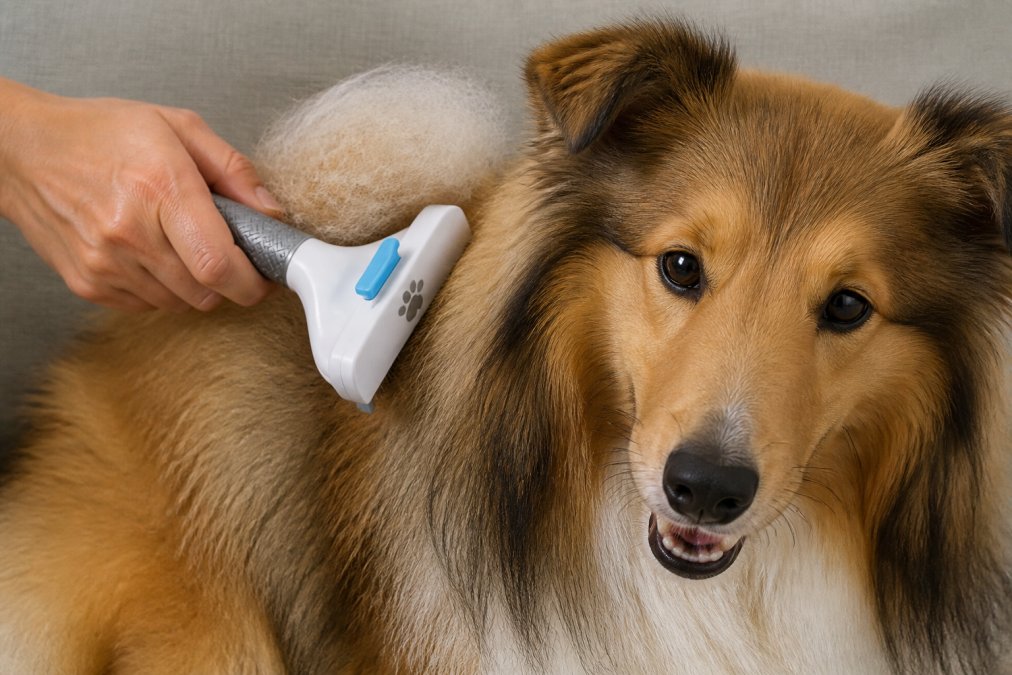 Close-up of loose fur being removed from a double-coated dog with a deshedding rake, showing the amount of undercoat being collected