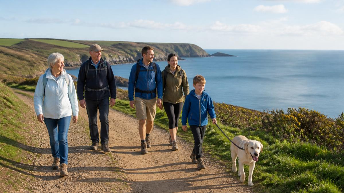 A multi-generational family group walking along the South West Coast Path on Bolberry Down, with dramatic Devon coastline and sea views behind them, a dog on a lead alongside
