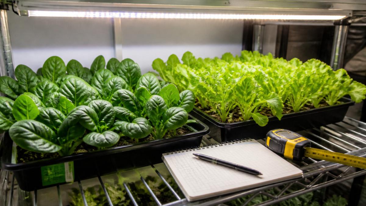 Fresh lettuce and spinach seedlings growing under a full-spectrum LED strip light on an indoor shelf