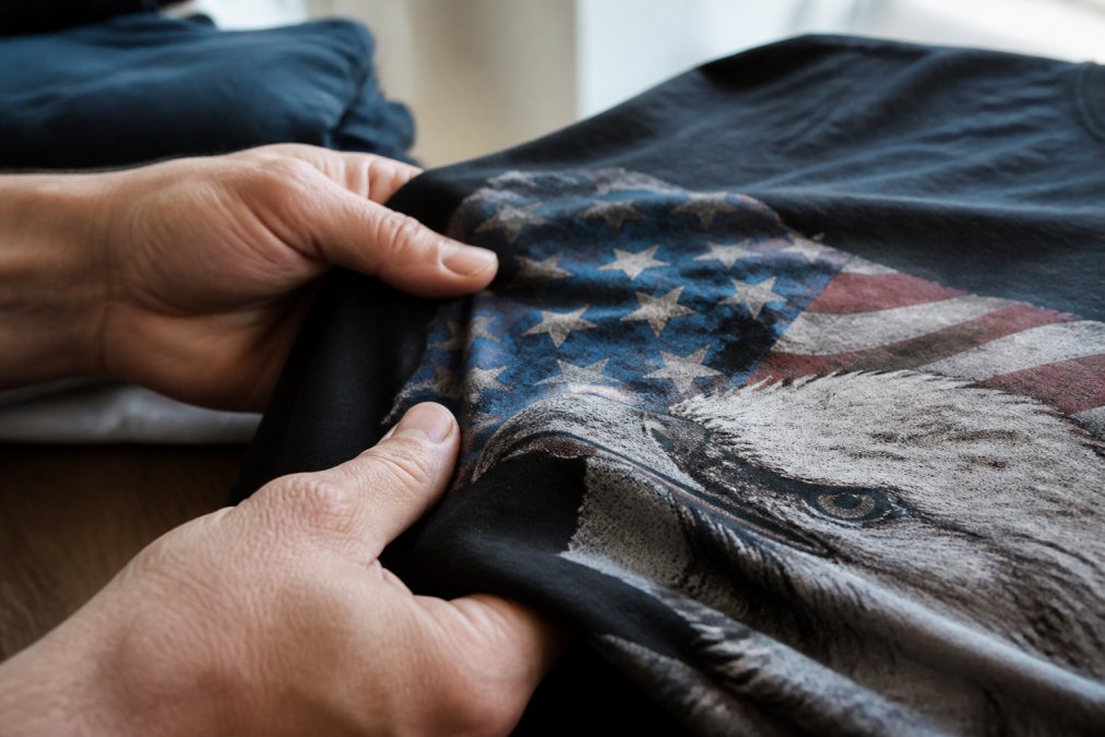 Close-up of hands holding and feeling the fabric of a black cotton t-shirt with a patriotic graphic print, showing the texture and print detail in natural lighting