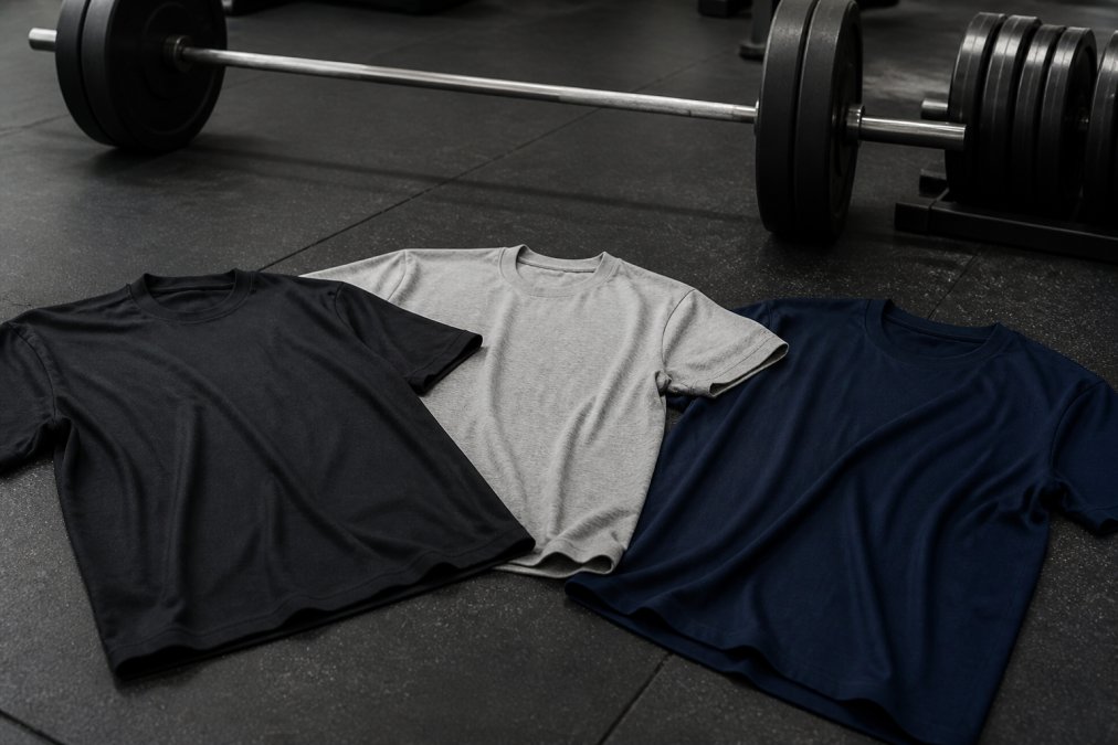 A flat lay of oversized gym t-shirts in black, gray, and dark blue neatly arranged on a dark gym floor with a barbell and weight plates blurred in the background