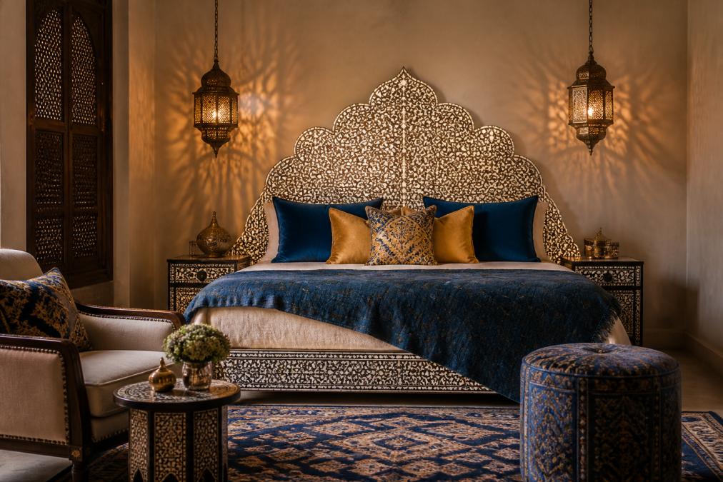 Luxurious master bedroom featuring an ornate mother of pearl inlaid headboard as the focal point, layered with jewel-tone throw pillows in deep blues and ochres, brass hanging lanterns casting intricate shadow patterns on neutral walls, and a geometric patterned area rug anchoring the seating area