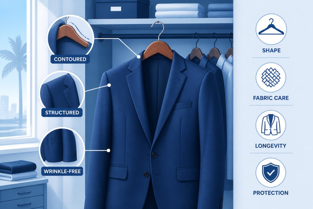 Professional blazer hanging on a premium wooden contoured hanger in a well-organized closet, showing structured shoulders and wrinkle-free drape of the garment in natural morning light