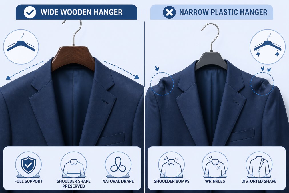 Side-by-side close-up showing a professional blazer on a wide-shoulder contoured wooden hanger versus a narrow plastic hanger, highlighting the difference in shoulder support and garment preservation, with natural studio lighting