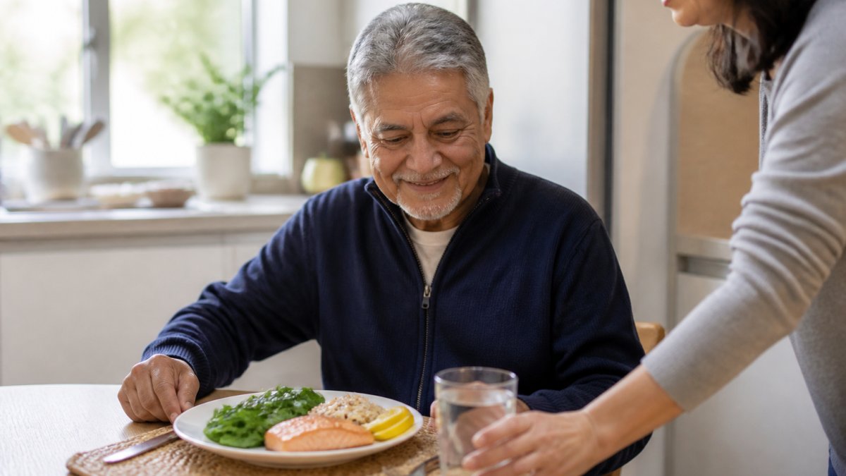 A person recovering from heart surgery sitting at a bright kitchen table with a plate of salmon, leafy greens, and whole grains, smiling gently while a family member places a glass of water nearby