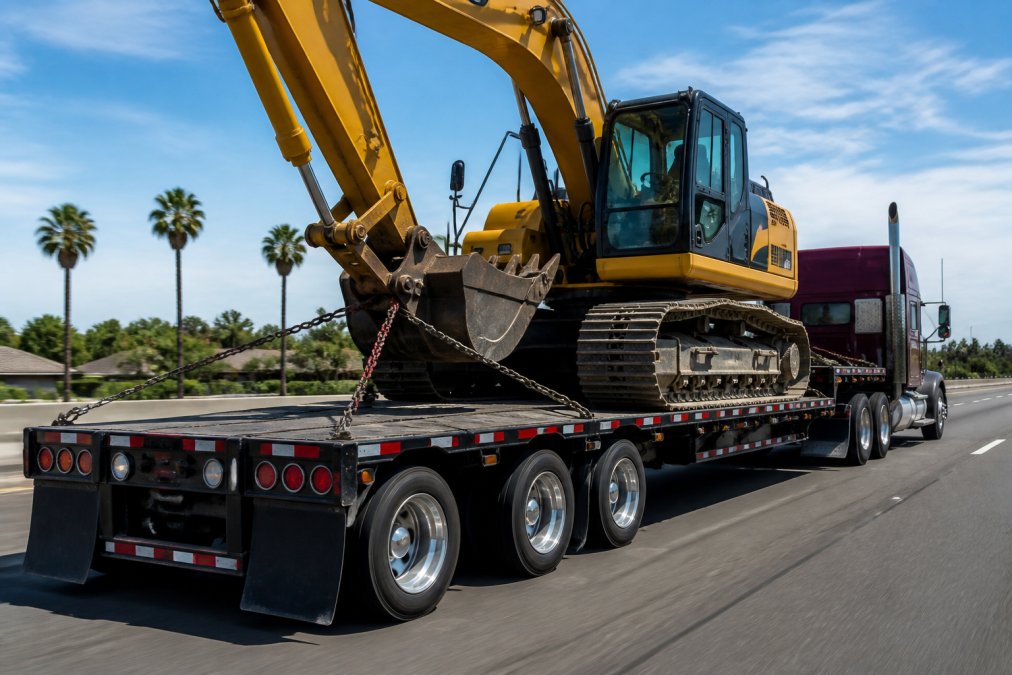 A modern flatbed trailer loaded with a tracked excavator, secured with chains, driving on a Southern California highway with palm trees in the background