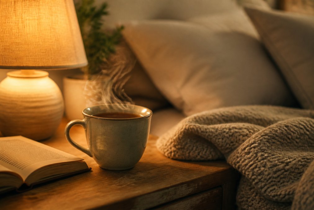 A cozy nighttime scene showing a steaming ceramic mug of herbal tea on a wooden bedside table, soft warm lamp light, an open book and a folded knit blanket nearby