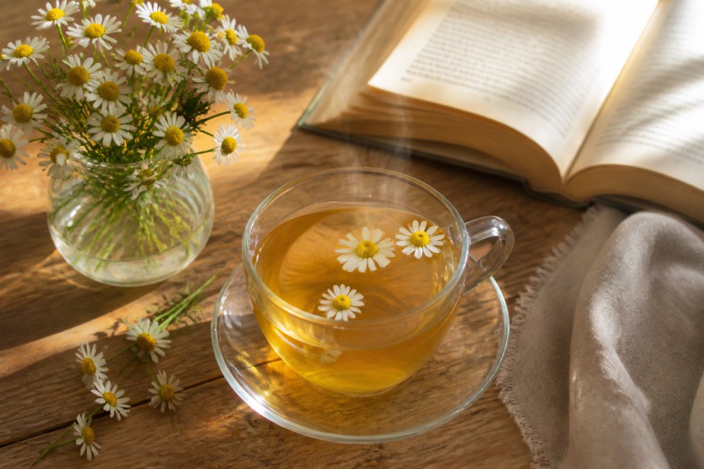 A cozy overhead shot of a steaming cup of chamomile tea on a wooden table next to a small vase of fresh chamomile flowers and an open book, with soft morning light