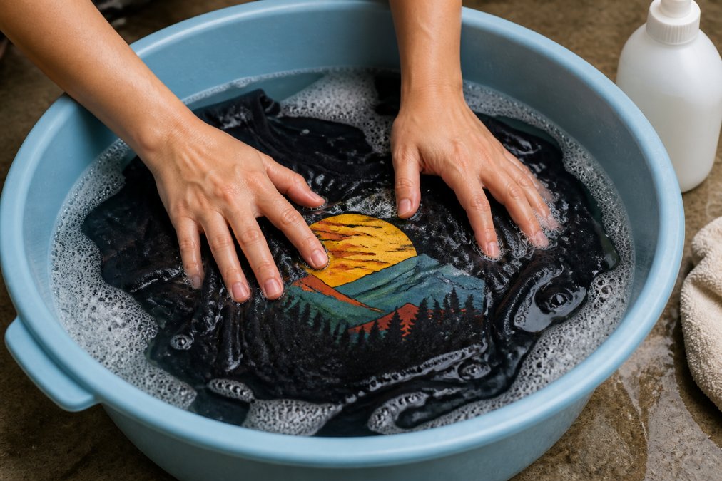 Step-by-step guide for hand-washing high quality t-shirts men to prevent graphic cracking.