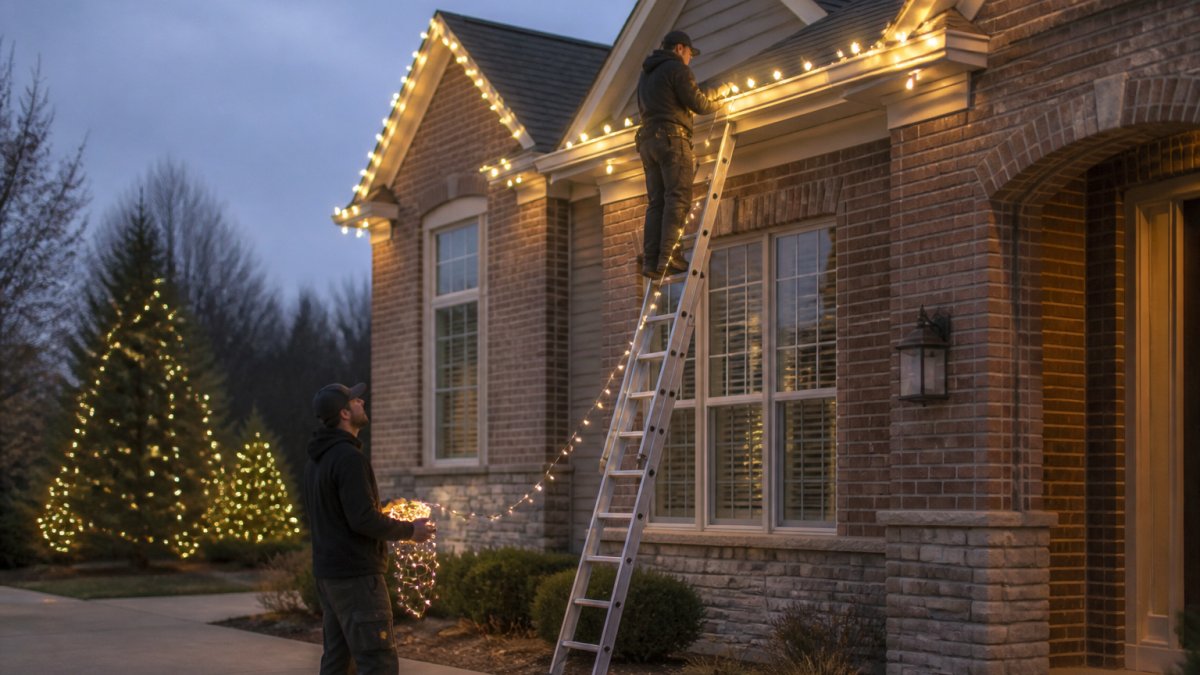 An installer on a ladder attaching warm white lights along the roofline of a two-story brick home at dusk, with a second crew member holding the light spool below and lit trees visible in the background