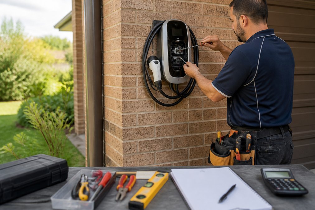 Professional electrician installing a wall-mounted EV charger on residential brick exterior, with electrical tools and safety equipment visible on work bench