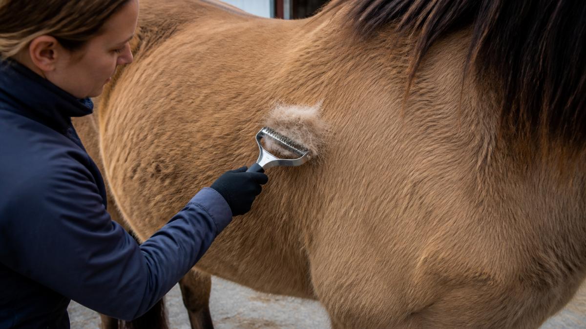 Professional groomer using a shedding blade on a thick-coated horse's shoulder, showing dense undercoat and loose hair being removed in natural daylight