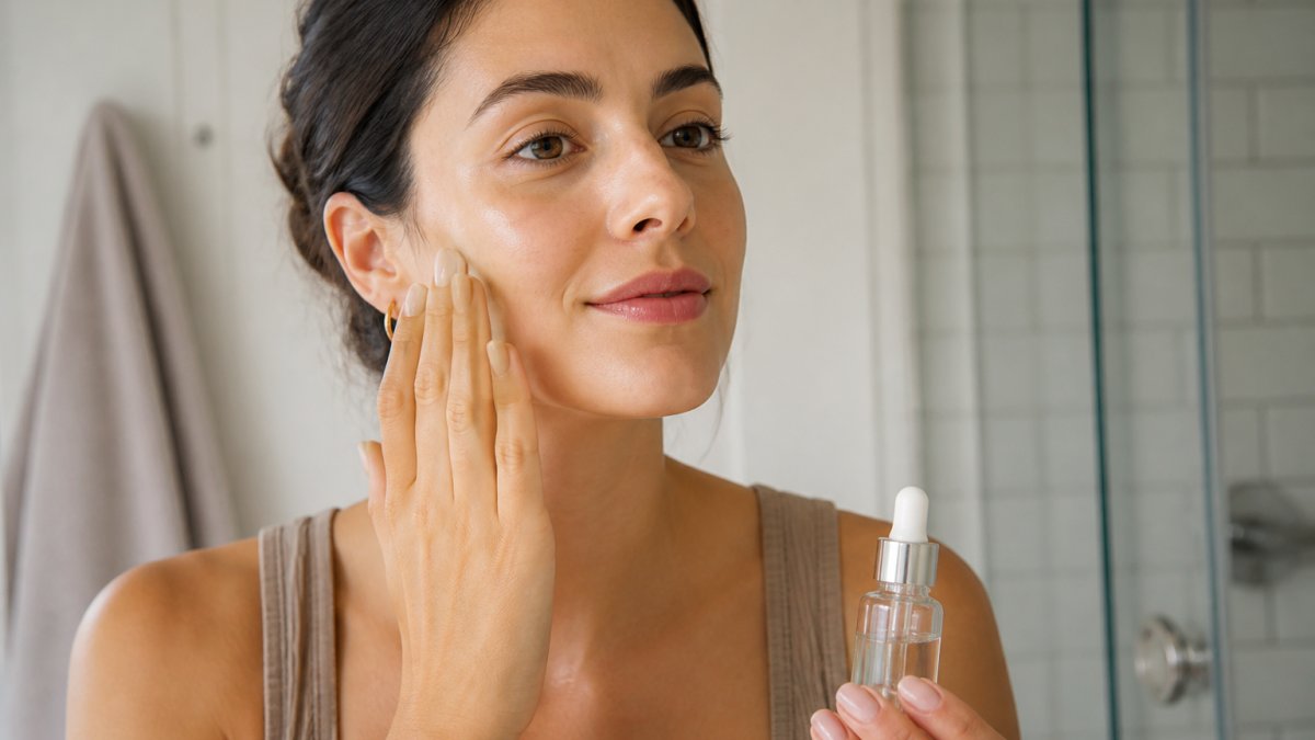 Close-up of a woman with glowing, hydrated skin gently touching her cheek in a bright bathroom setting, holding a small serum bottle