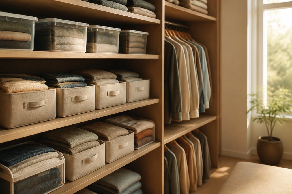 A bright, airy closet with neatly folded clothes in fabric drawer organizers and clear bins on wooden shelves, shot in warm natural light with a minimalist aesthetic
