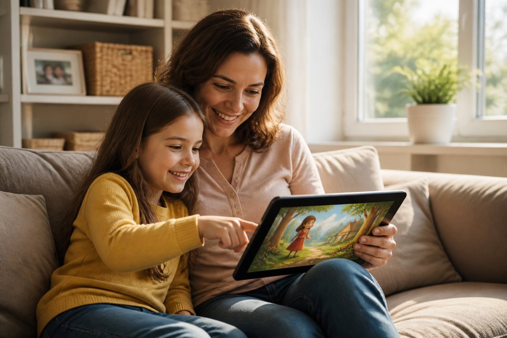 A parent and child sitting together on a couch, both smiling as they read from a tablet displaying colorful story illustrations, warm afternoon light through a window