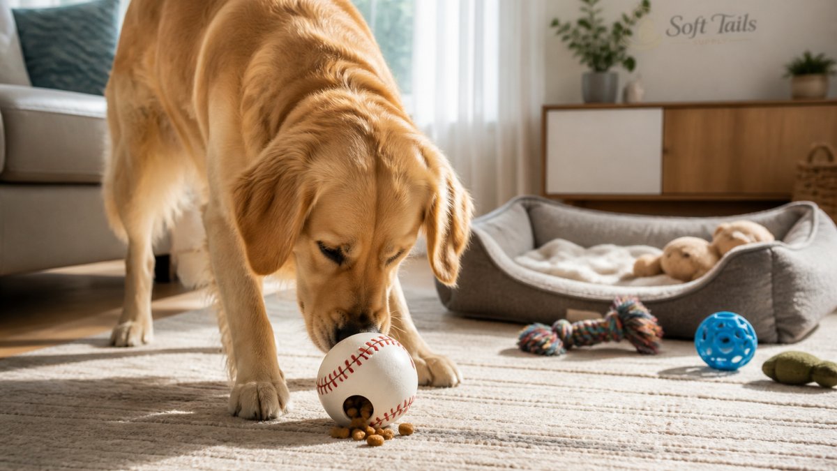 A happy golden retriever nosing a treat-dispensing baseball toy on a living room rug, with a cozy dog bed and a few scattered toys nearby in bright afternoon light through a window