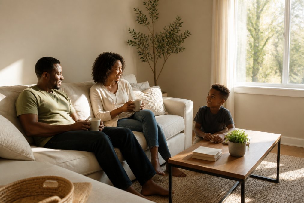 Sunlit small living room featuring warm beige walls and a linen sofa that highlight popular paint colors for small living