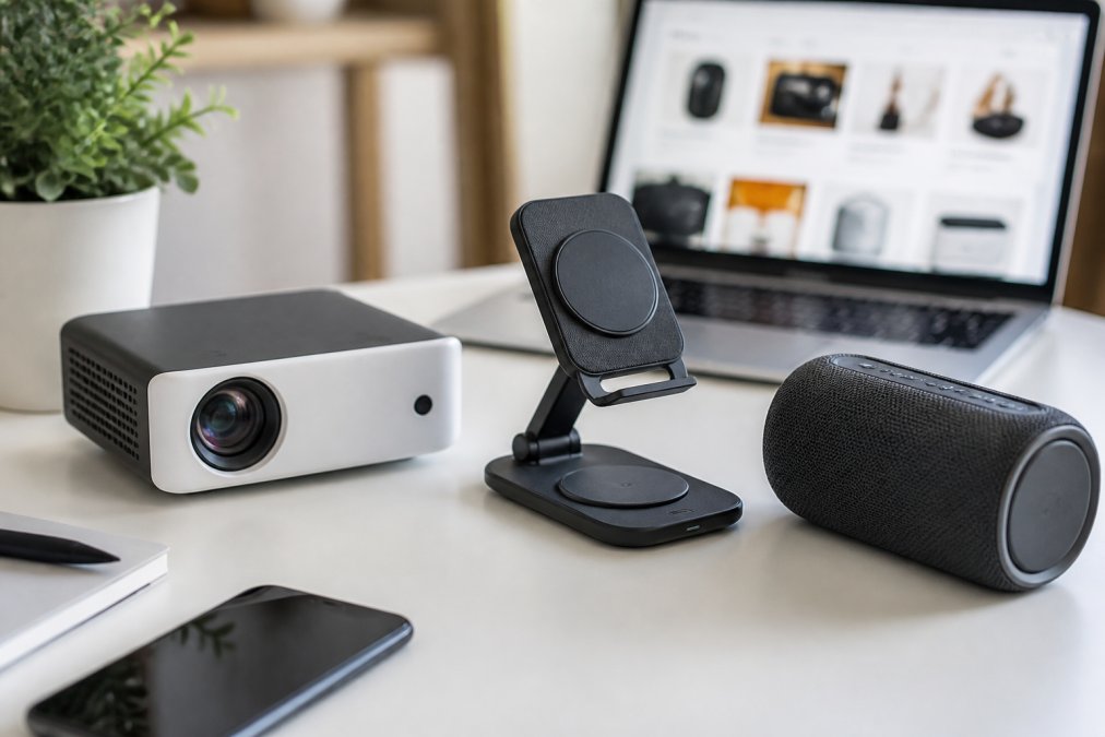 A flat lay of trending electronics on a clean white table, including a compact portable projector, a foldable wireless charging stand, and a modern Bluetooth speaker, with a laptop showing an online store in the soft-focus background