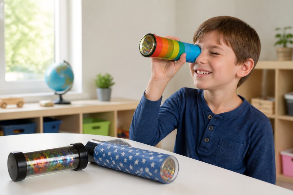 An 8-year-old child smiling while looking through a colorful toy kaleidoscope held up to the light in a bright playroom