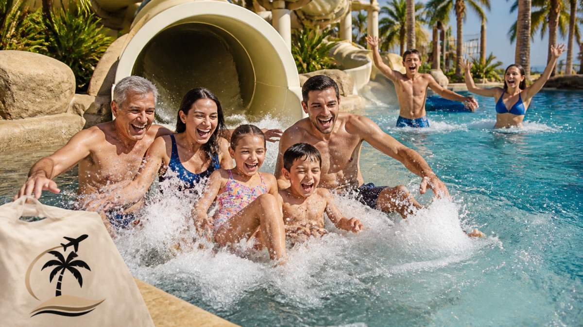Multi-generational family laughing while sliding down a water park ride at one of the 7 best kid-friendly resorts 2026.