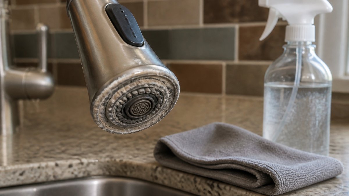 Mineral deposits on a kitchen faucet spray head being cleaned, a common issue when evaluating faucet brands.