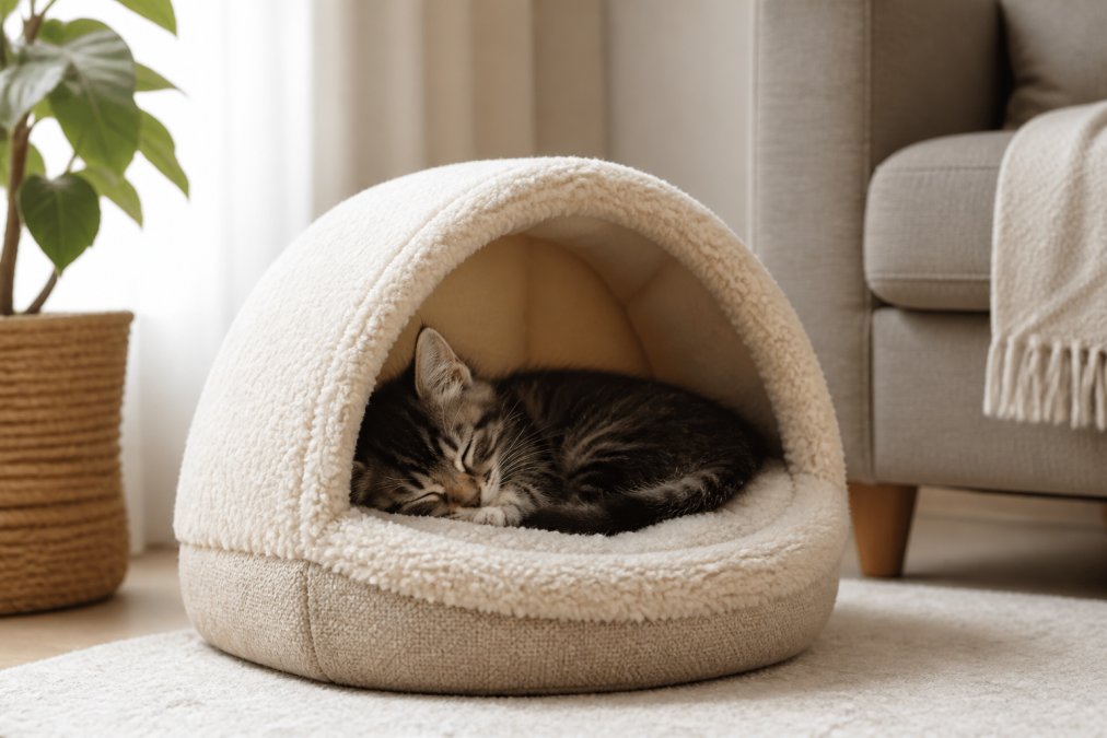 A small fluffy kitten curled up asleep inside a soft, plush semi-enclosed cat bed in a bright, cozy living room corner
