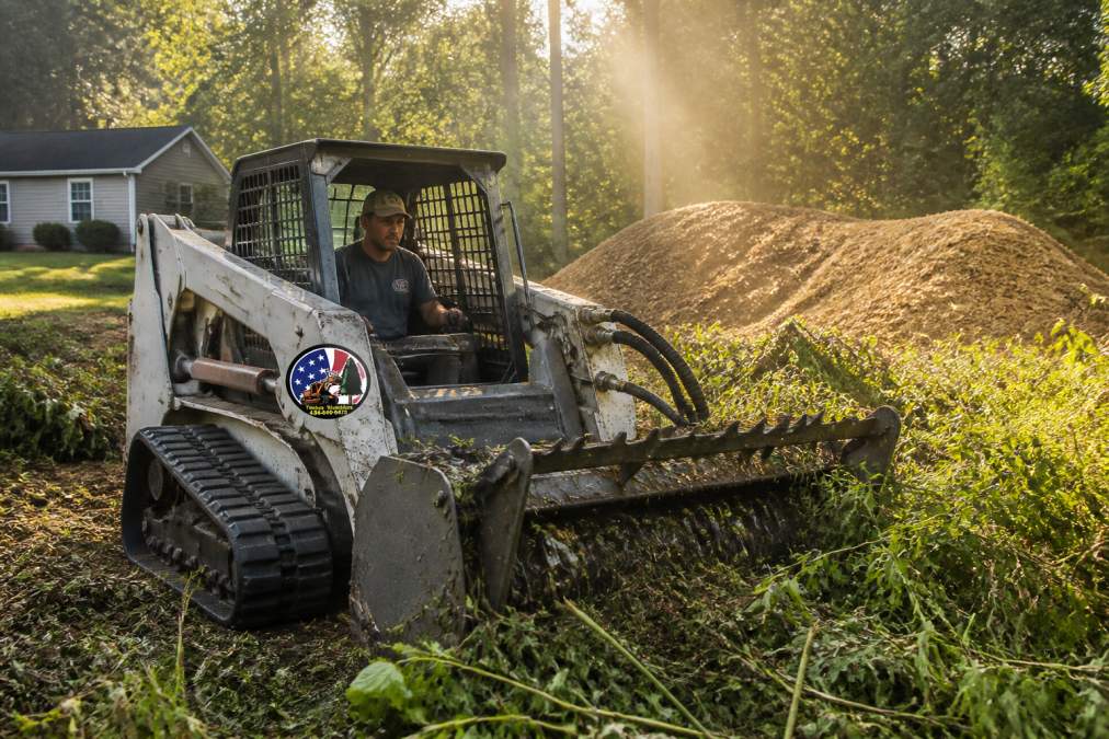Heavy equipment operator maneuvering a skid steer loader through overgrown brush and vegetation on a residential property, with piles of fresh mulch visible in the background and morning sunlight filtering through trees