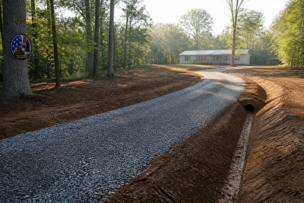 Completed gravel driveway with fresh grading and proper drainage channels, showing professional site preparation work on a rural property with morning light and cleared vegetation on both sides