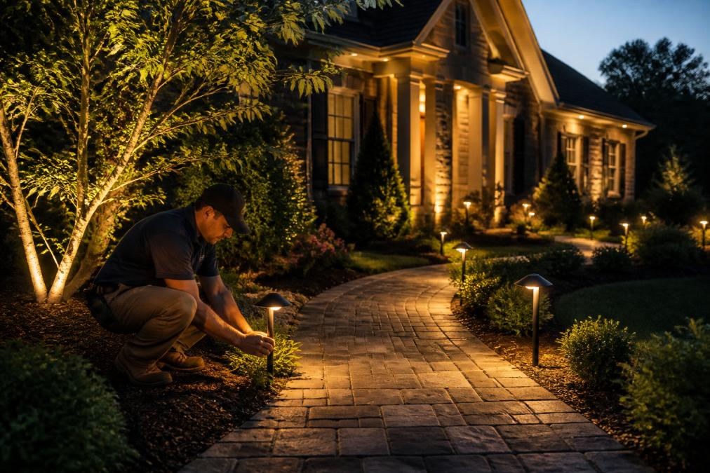 Designer installing layered landscape lighting ideas along a home walkway at dusk