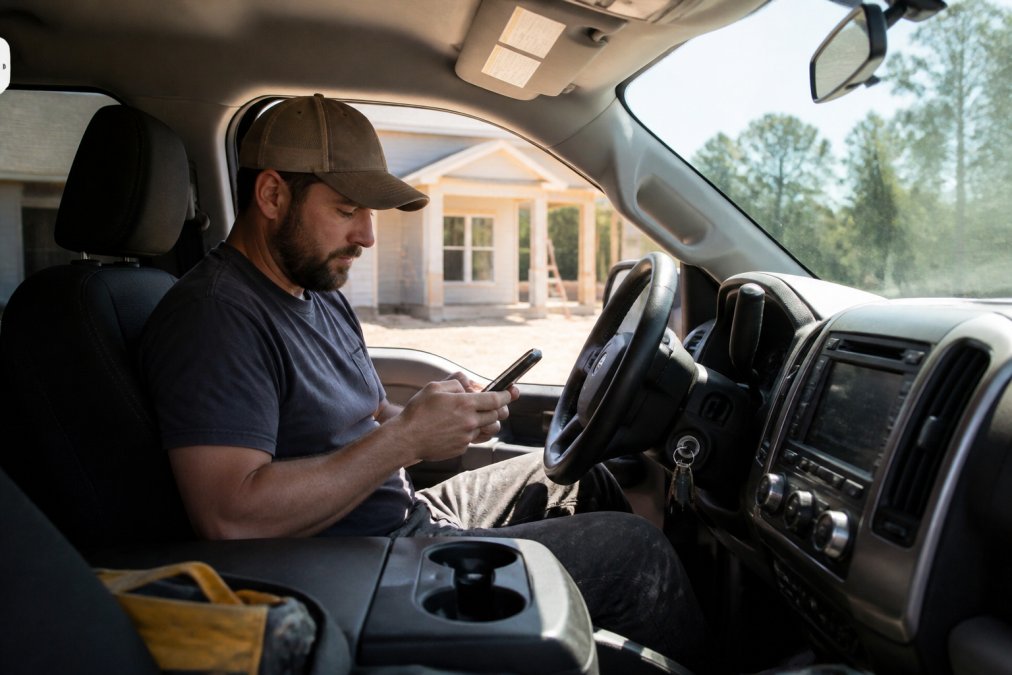 A contractor in a work truck reviewing leads on a smartphone while parked at a residential job site, afternoon light through the windshield