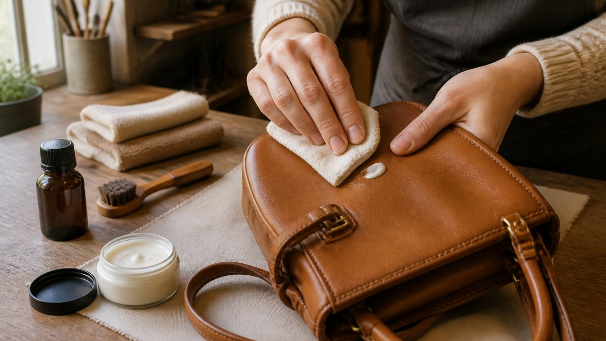 Close-up of hands applying a small amount of cream conditioner to a tan leather handbag with a soft microfiber cloth on a clean wooden workbench, soft window light