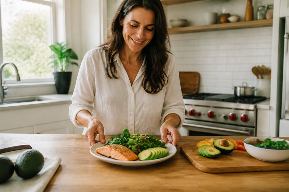A woman in her 40s preparing a nutrient-dense meal of salmon and avocado to support hormone balance.