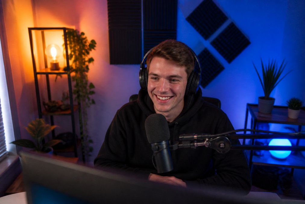 Streaming room setup with colorful RGB lighting panels creating ambient light around the desk and walls, showing warm amber tones on one side and cool blue tones on the other, with the streamer's face properly lit by separate white key light