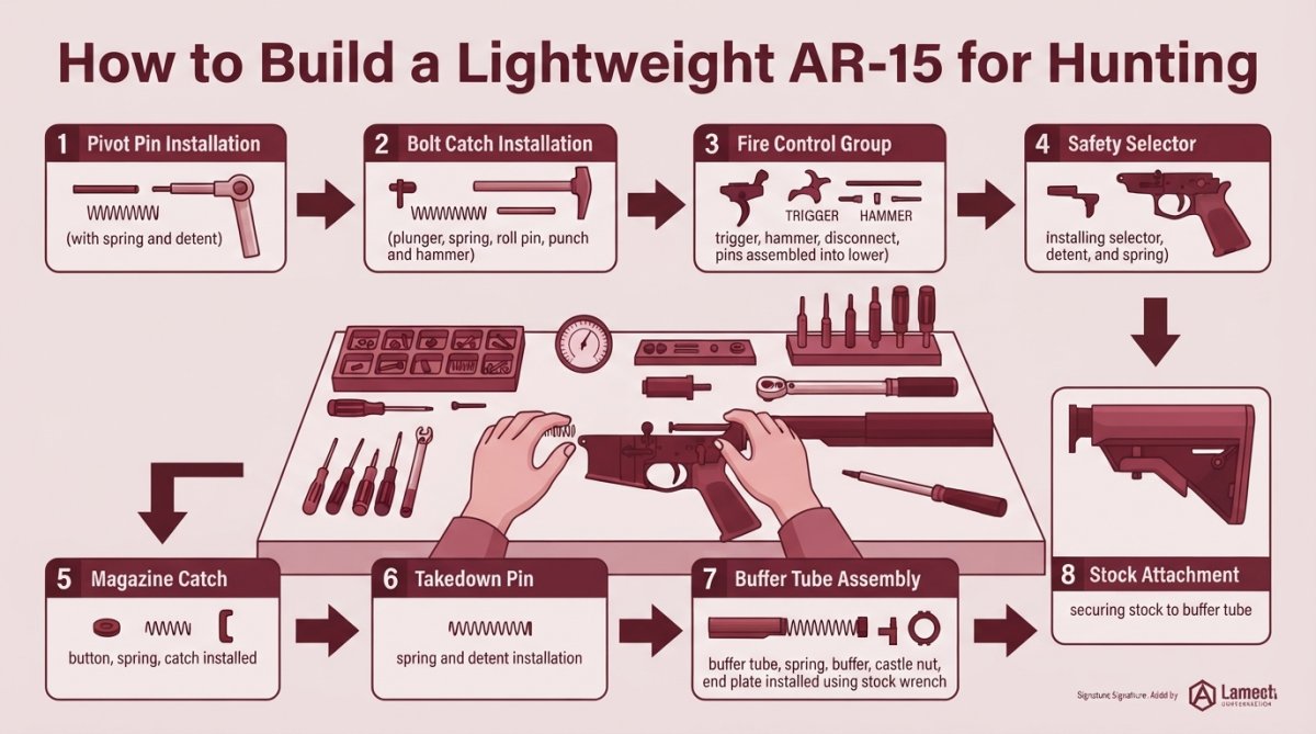 Hands assembling an AR-15 lower receiver with fire control group components laid out on a clean workbench, demonstrating the build process with precision tools and gauges visible