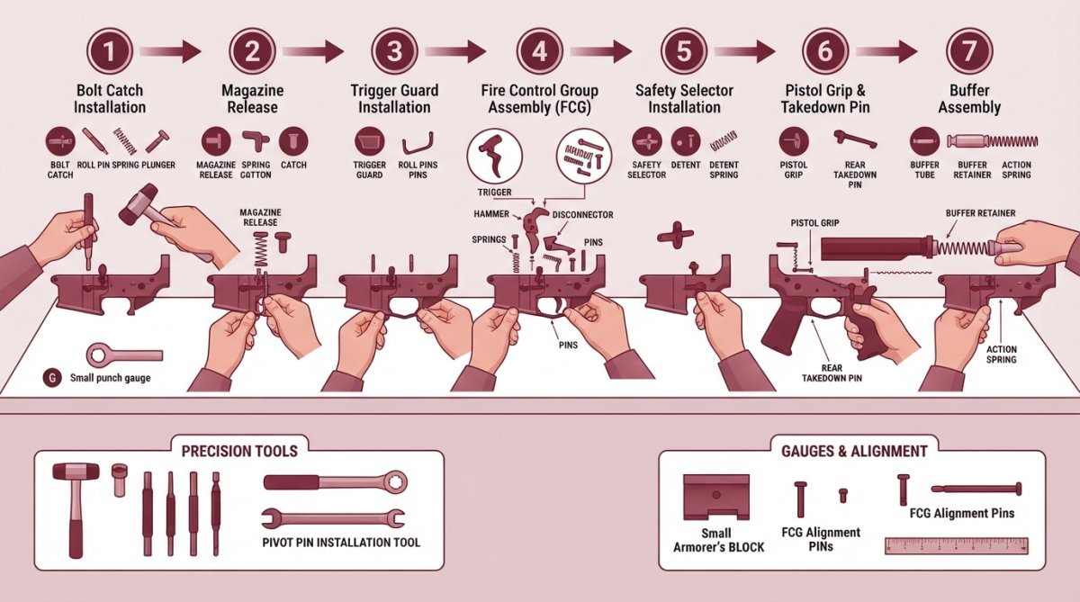 Step-by-step visual guide for Hands for lightweight AR-15 lower receivers